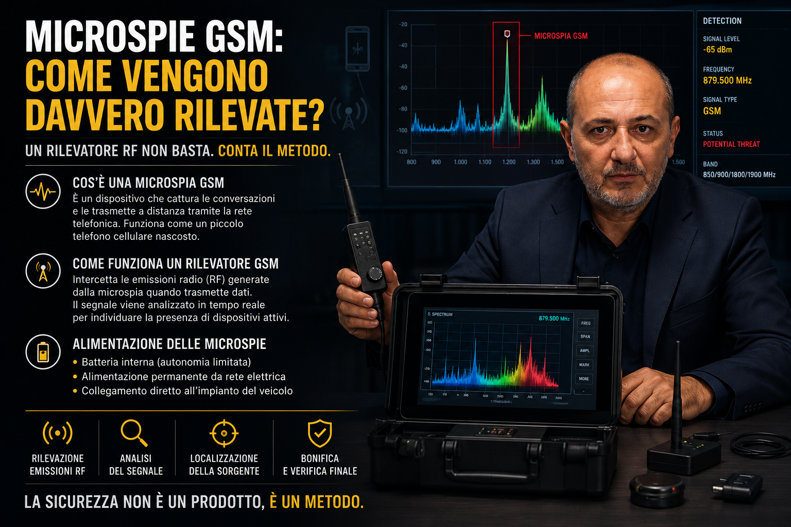 Come funziona un rilevatore di microspie GSM e perché spesso non basta per trovare una microspia